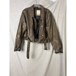 Stoosh  Faux Leather Cropped Moto Jacket Brown XL Belted Biker Zip Short Coat Photo 10