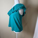 Anthropologie One Shoulder Eyelet RUffle Knit Top Shirt Blouse Size Small Green Photo 4