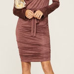Louna Ruched Dress Women's Large Brown Jersey Knee Length Long Sleeve V Photo 0