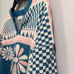 easel  Sweater Teal and Pink Patterned Sweater Photo 3