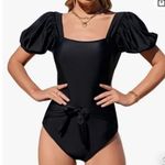 Exlural EXLURA Womens Tie Back One Piece Swimsuit Puff Short Sleeve Square Neck Swimwear Photo 0