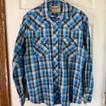 Wrangler  Western Snap‎ Shirt Plaid Long Sleeve Cowboy Blue White Silver Treaded Photo 4