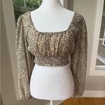 Japna  Tan Black Leopard Print Long Sleeve Sheer Square Neck Cropped Blouse Sz M Photo 10