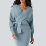 Halara  crossover v neck batwing long sleeve belted mini sweater dress Photo 0