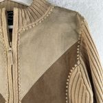 Vtg Small S Leather Patchwork Full Zip Ribbed Sweater Designer Studio Originals Brown Photo 2