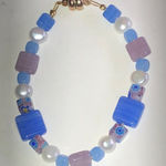 Elegant Blue and Purple Glass Genuine Pearl Beaded Boho Bracelet Photo 0