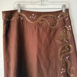 Susan Bristol Vintage Brown Embroidered A-Line Skirt Linen Blend Beaded Boho 12 Photo 2