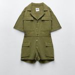 ZARA NEW DENIM JUMPSUIT WITH POCKETS KHAKI WOMENS SIZE XL V NECK FLAP Photo 3