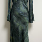Podur Green Emerald Sea Satin Long Bell Sleeve Maxi Dress UK 16 US 12 NWOT Photo 0