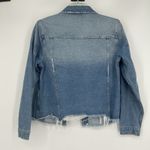 Zenana Outfitters Denim Jakcket Distressed Medium Wash Button Front Ripped Raw Hem Size L Photo 4