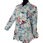 CHAPS  Womens L Button Up Shirt Nautical Preppy Umbrella Print Gingham Plaid Cuff Photo 0