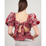 SEA Theodora Red Paisley Bandanna Print Tie Back Puff Sleeve Top Size Large Photo 3