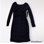 Badgley Mischka BADGLEY MISCHIKA long Sleeve side ruched V back sheath dress in Navy size 4 Photo 0
