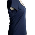 Vintage 80s Rina Stretch Knit Short Sleeve Top S Navy Blue V Neck Back Zipper Photo 4