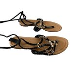 Gladiator Beaded Lace Up Flat Sandals Feathers Shoes Summer Beach Coastal Black Size 7 Photo 3