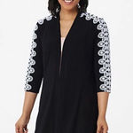 Dennis Basso Caviar Crepe Duster with Lace Trim Black with white trim with pants Photo 0