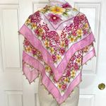 Floral crochet trim large scarf, Square pink yellow green white flower print Photo 3