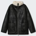Mango Faux Leather Shearling Zip Coat Black Size Small Photo 2