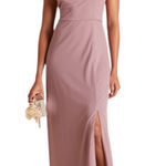 Birdy Grey  Crepe Dark Mauve Maxi Bridesmaid Dress Side Slit Cowl Neck Photo 0