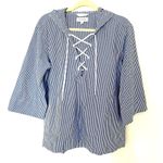 Free Assembly Oversized Striped Lace Up Cotton Hooded Blouse Top Sz S Blue Photo 1
