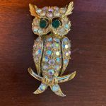 Vintage Aurora Borealis Rhinestone Owl Brooch Pin Gold Photo 1