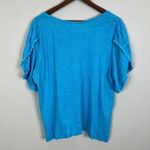 Chico's 3 Top Womens XL Blue Linen Flutter Short Sleeve Fringe Solid Pullover Photo 5