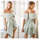 Lulus  Always Celebrating Sage Green Satin Off-the-Shoulder
Mini Dress Photo 1