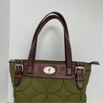 Fossil Vintage Quilted Purse Tote Flower Boho Leather Zipper Olive Green Brown Photo 3