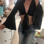 Irene's Story Irene’s Story Black White Polka Dot Self Tie Wrap Bell Wide Sleeve Crop Top Blouse Photo 4