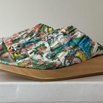 NEW Beklina Open Toe Clog Gathered Wedge Slide Sandal Wooden Floral Print Sz 6.5 Blue Photo 0