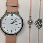 Auriol women watch silver tone 35mm pink leather band with 2 bracelets running Photo 2