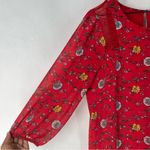 Skies Are Blue  Vibrant Red Floral Chiffon Lace Detail 3/4 Sleeve Shift Dress‎ M Photo 2