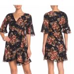 June and Hudson Wrap Mini Dress Floral Print Black Orange Brown Size L NWT $90 Photo 7