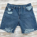 Levi’s Premium 501 90s Jean Shorts 30 (32”) Med Wash Distressed Grunge Western Blue Photo 0