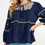 Piper & Scoot  Dance With Me Tiered Floral Embroidered Boho Peasant Top Navy Blue Photo 9