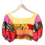 Farm Rio Tiered Top Rainbow Mixed Print Cropped Linen Multicolor Puff Sleeve Sm Photo 6