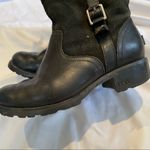 UGG  Black Leather & Suede Calf Height Moto Lug Boots Sherpa Lined Womens 6.5 Photo 5