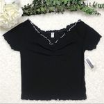 BP New Medium 90s Ribbed V-Neck Short Sleeve Lettuce Hem Baby Tee Crop Top Photo 1