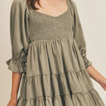 Mable Emory Smocked Ruffle Babydoll cotton mini dress NWT light green olive S Photo 0