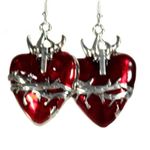 Handmade Grunge Goth Barbed Wire Red Heart Earring Silver-Toned Metal Hypoallergenic Hook Photo 2