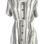 MINE Women's Striped Button Front Mini Dress L Short Sleeve Elastic Waist Black Size L Photo 0
