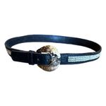 Vintage Italian Leather Belt Rhinestone Black Size XS Silver Buckle Boho Western Photo 1