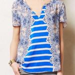 Maeve Anthropologie Archivist Blue Floral Stripe 100% Silk Shirt Blouse Size XS Photo 1