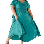 Polygram Shimmery Jade Maxi Dress size 2X Puff Short Sleeves Smocked Waist NWT Green Photo 1