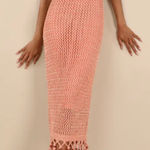 Lulus Marama Shiny Coral Crochet Sleeveless Fringe Midi Dress Small Photo 0