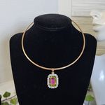Gold Choker Necklace with Rainbow AB Square Pendant New Photo 0