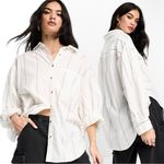 Free People Oversized Happy Hour Stripe Button Down Top White Black Large Preppy Photo 4