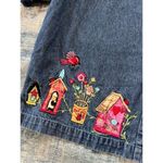 New Direction  Floral Bird Birdhouse Button Front Denim Short Sleeve Tee Large Photo 2