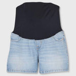 Isabel Maternity Over Belly MIDI Maternity Light Wash Jean Shorts Size 4 Blue Photo 0