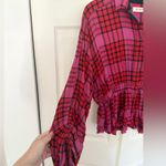 Free People  We the Free Pacific Dawn Plaid Shirt Pink Red Black Peplum Size S Photo 3